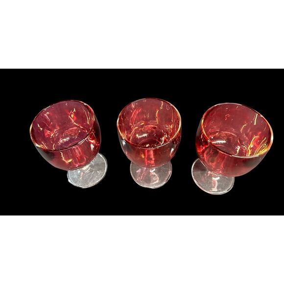 Vintage Bartlett Collins Red Cranberry Flash Thumbprint Water Goblet Lot Of 3 - Picture 3 of 11